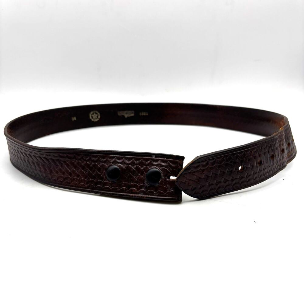Vintage 90s Boston Leather 6505 Brown Basketweave Tooled Belt 38 USA - No Buckle